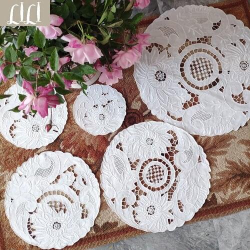 Hand-Embroidered Drawnwork White Cotton Doily Tea Cloth