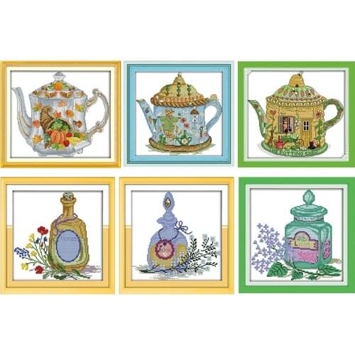 Stamped Cross Stitch Joy Sunday Teapot & Wine Bottle Patterns 14CT 11CT Print Counted Handmade Embroidery Needlework Accessories