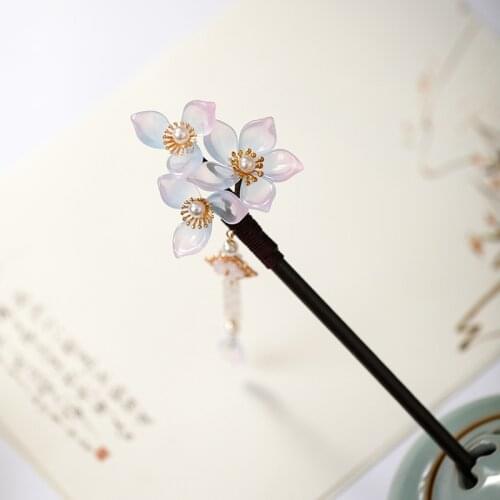 New Fashion White Flower Pearls Long Tassels Handmade Hairpins Clips Wooden Hair Fork Chinese Retro Hanfu Dress Hair Jewelry