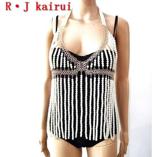 New RJPE08 Fashion Women Gold "8" Chains Layers Imitation Pearls Top Bra Chains Body Costume Jewelry 2 Colors