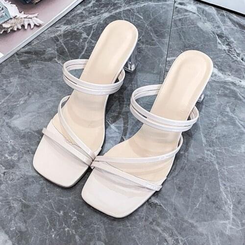 2021 Summer Silp-On Heels Slippers Elegant Sandals For Women Square Heels Fashion Black White Shoes Ladies Hot Vintage Slippers