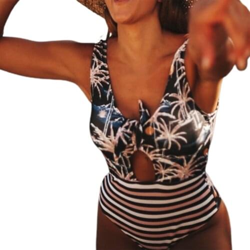 Women Striped Swimsuit Sleeveless Hollow Out Deep V-neck Swimwear for Summer