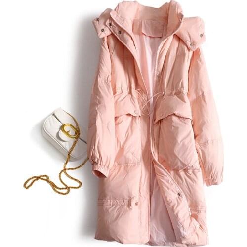 Pink Mid Long Women Down Jackets Large Pockets Drawstring Loose Winter Coat Hooded Thick Warm Female Parkas Outerwear