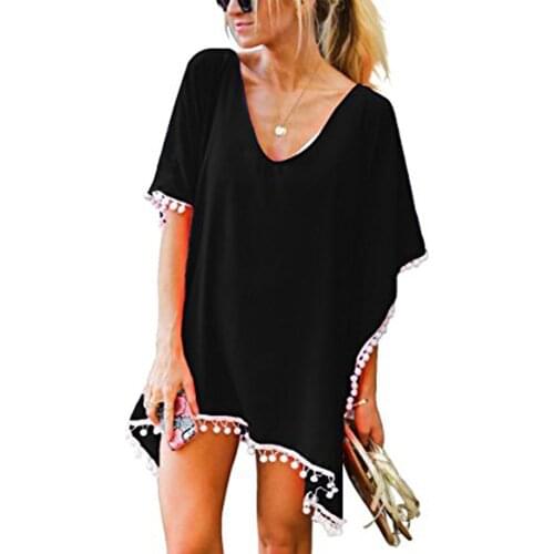 Chiffon Tassels Beachwear Women Swimsuit Cover Up Swimwear Bathing Suits Mini Summer Dress Loose Solid Beach Pareo Cover Ups