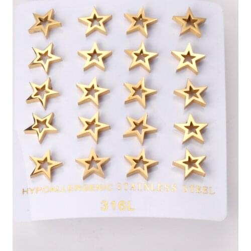 10 Pairs Five Star hollow Stud Earrings Stainless Steel Gold Silver Color Earring For Women 2021 Wholesale Accessories Party