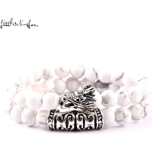 Little MingLou 2 pcs/set dragon Head Lava Turquoises Natural Stone Beads Men Bracelet Set Charm bracelets bangles