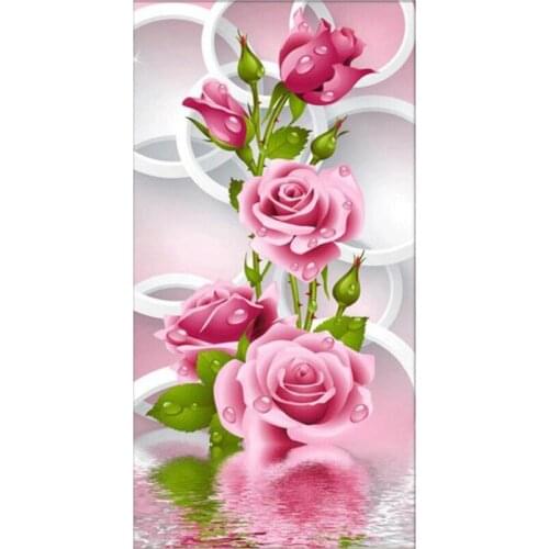 DIY Diamond Embroidery, Pink Water Rose,Full Rhinestone Pictures 5D Diamond Painting Cross Stitch,Needlework Door Decor FH1112