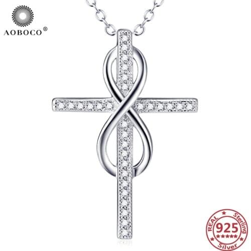 AOBOCO 925 Sterling Silver Cross Infinity Pendant Necklaces Crystal Zircon S925 Chain Woman Anniversary Gifts Mothers Day Gifts