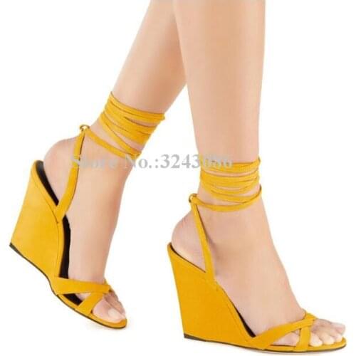Summer New Female Wedge Sandals Fashion Yellow Black Lace-up Woman Wedge Shoes Sexy Lady Banquet Shoes Dropship