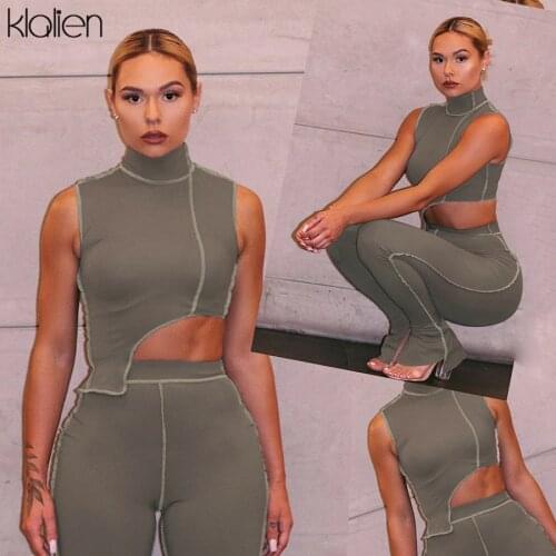 KLALIEN summer sleeveless casual skinny 2 piece set women fashion fitness tracksuit stretch high quality womens sportswear