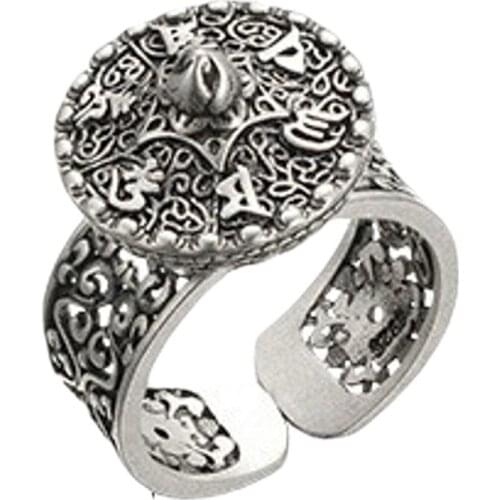 New S925 pure silver female ring fashion cutout pattern six-character mantra adjustable woman ring, vintage Thai silver ladies