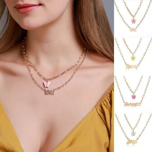 Korean Cute Butterfly Choker Necklace for Women Girls LOVER HONEY ANGEL Letter Necklace Fashion Jewelry Double Layer Necklace