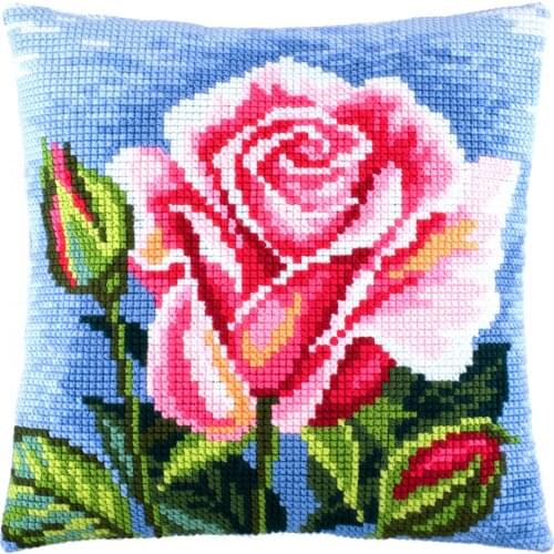 Cross Stitch Cushion Cover Rose Flowers Needlepoint Kit Pre-Printed Canvas Chunky Yarn Cross-stitch Pillow Case Arts & Crafts