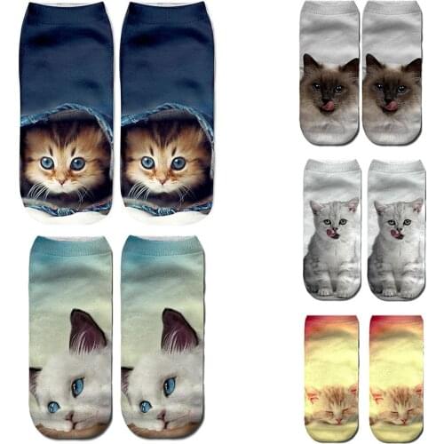 Novelty Style Fashion 3D Cat Animal Thousands of Printing Patterns Short Socks Funny Harajuku Autumn Women Happy Low Ankle Socks