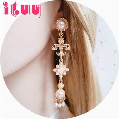 Lolita Cosplay Baroque Retro Cross Tassel Pearl Earrings Ear Clip Wedding Fashion Earrings Jewelry For Women Girls Accessoryies