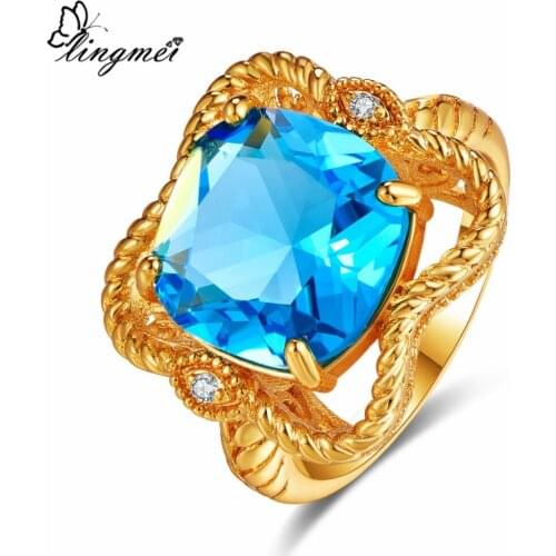 Lingmei Wholesale Wedding Band Princess Cut Sea blue & White Cubic Zircon Yellow goldplated Ring Size 6-9 Engagement