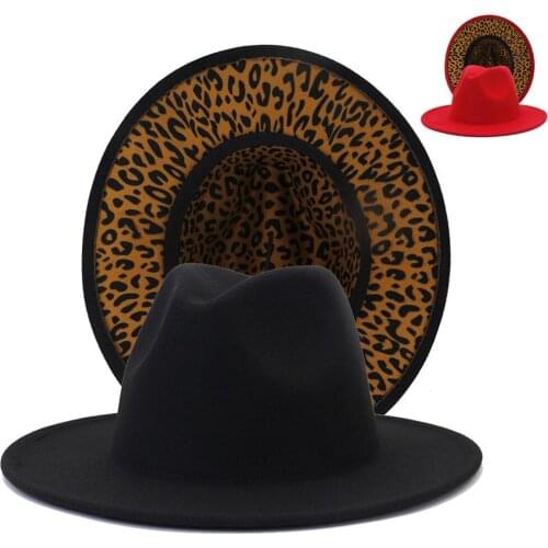 2021 winter fedora hats for women fashion Flat wide Brim Wool Felt Jazz Hats for menSolid color stitching leopard print top Hat