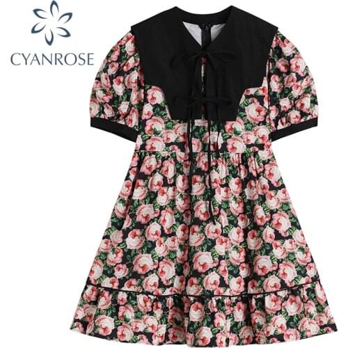 Vintage Casual Short Dress 2021 Summer Women Korean Floral Print Puff Sleeve A Line Dresses Fashion High Waist Ladies Dress