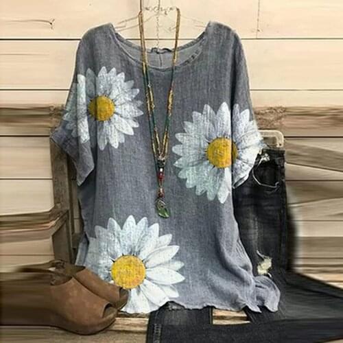 Harajuku Oversized T Shirt Women Casual Plus Size O-neck Floral Print Loose Button Tunic T Shirt Tops Aesthetic Tee Shirt Femme