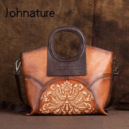 Johnature 2021 New Handmade Genuine Leather Women Bag Vintage Nature Soft Cowhide Handbag Embossed Versatile Shoulder Bags