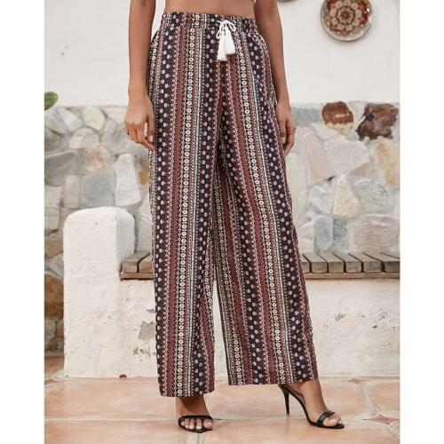 2021 Summer French New Products Womens Pants Retro Printed Bohemian Casual Loose Vacation Wide Leg Pants Trousers