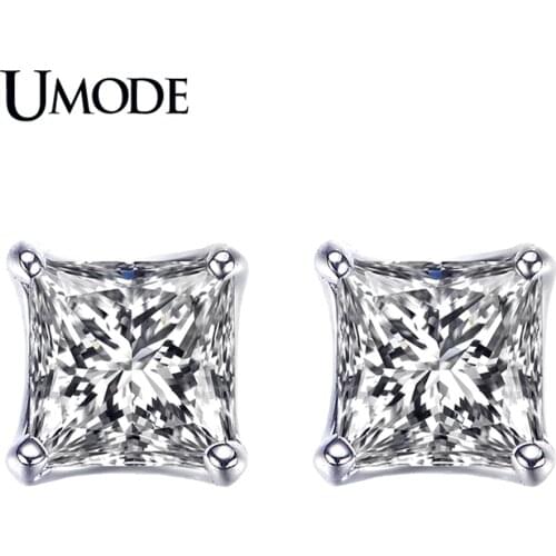 UMODE Brand Unique Design White Gold Post Earrings Princess Cut Square 5mm 0.63 Carat AAA+ CZ Stud Earrings for Women AUE0049