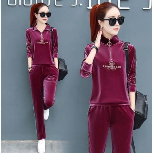 Spring Autumn 2021 Fashion Women Velvet Suits stand collar letters Zipper Tracksuits ladies Two Piece Set Casual Trackpants