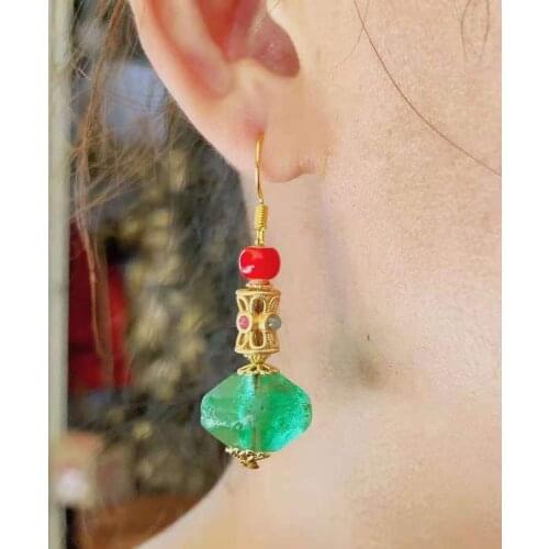 Design ethnic style antique old object glass beads natural emerald crystal 14 gold bracelet earrings womens jewelry set