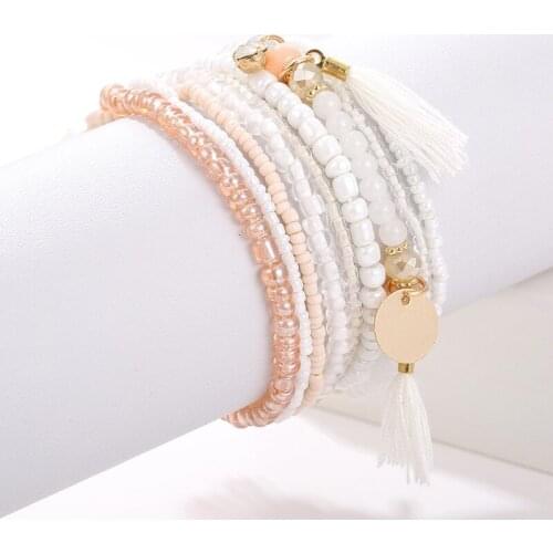 Bohemian Fashion Round Sequin Charm Multi Layered Tassel Bracelets Set For Women Boho Crystal Seed Beads Bracelets Jewelry Gift