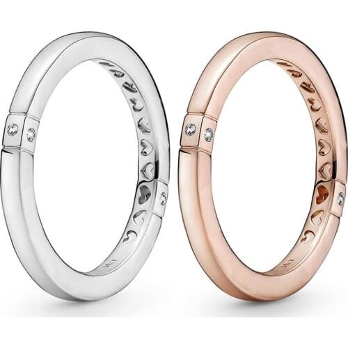 Rose Gold Logo & Hearts With Crystal Ring 925 Sterling Silver Ring For Women Wedding Party Gift Europe Fine Jewelry