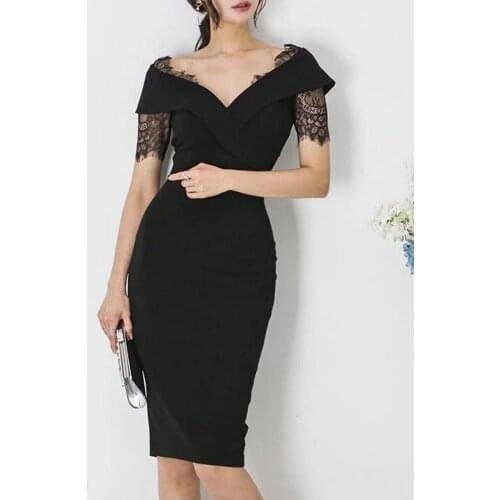 New Autumn black Midi Dress WomenS V-Neck Short Sleeve Sexy Ladies Dress Elastic Bandage Bodycon Party Dress Elegant Vestidos