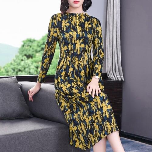 Autumn Yellow Floral 3XL Plus Size Knited Vintage Dress 2021 Spring Casual Print Midi Dress Women Bodycon Elegant Party Vestidos
