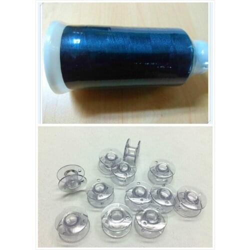 5000m Large Spool Polyester Pre-filled Sewing Embroidery Bobbin Thread Filament Black + 12 PCS Plastic Empty Bobbins Light Blue