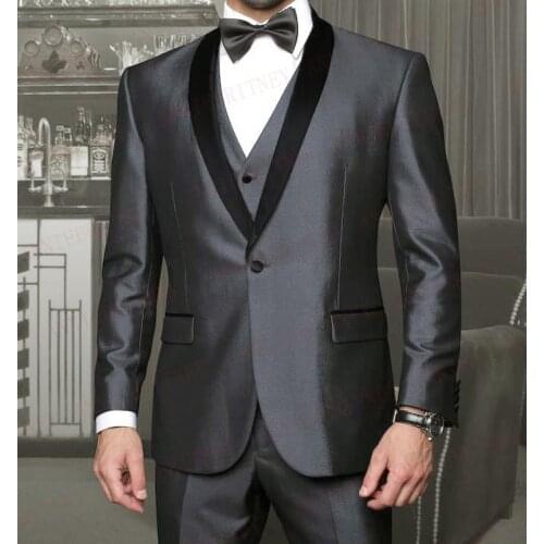 ANNIEBRITNEY Latest Design Italian Shiny Grey Satin Men Suit Set Slim Fit Formal Groom Dress Tuxedo Custom Wedding suit for Men