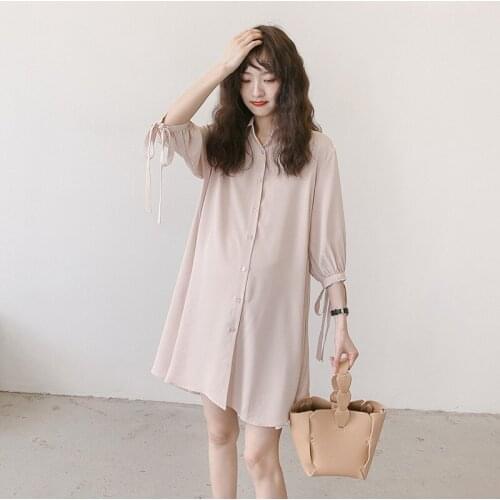 Maternity Long Blouse Vestido Pregnancy Turn-down Collar Pregnant Women Three Quarter Lace Sleeve Shirt Loose Blouse Clothing