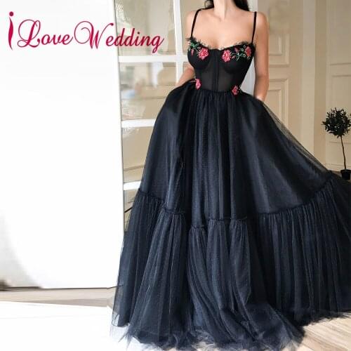Robe de soiree Sweetheart Sexy Spaghetti Straps Embroidery Applique Black Formal A Line Evening Dresses Long