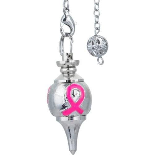 SUNYIK Enamel Pink Ribbon Breast Cancer Awareness Ball Bead Healing Dowsing Reiki Chakra Pendulum with Chain