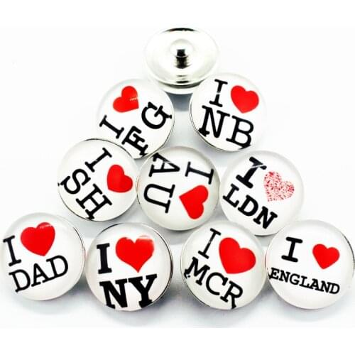 Hot selling Mixs 10pcs l love NY Snaps Buttons 18mm Glass Snaps Charms Fit Ginger Snaps Bracelets&Bangles Jewelry