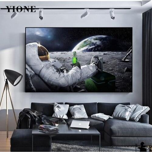 Cozy Beer Takeaway Universe Astronaut Canvas Painting Modern Abstract Outer Space Moon Planet Wall Art Picture Poster Prints