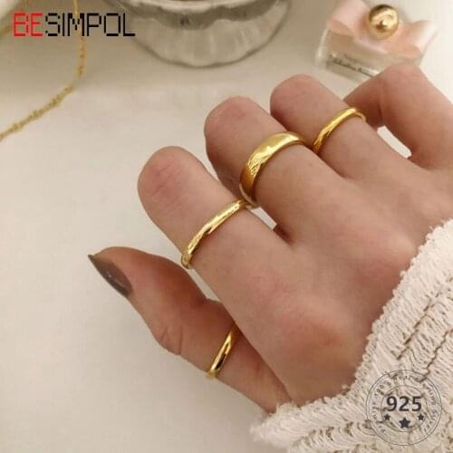 Besimpol Genuine 925 Sterling Silver Golden Rings Minimalist Vintage Adjustable Open Ring for Women Fashion Luxury Fine Jewelry