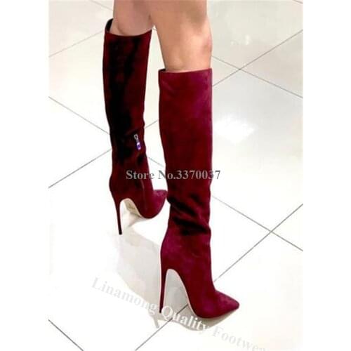 Linamong Women Fashion Pointed Toe Suede Leather Stiletto Heel Knee High Boots Slim Style Long High Heel Boots Formal Dress Shoe
