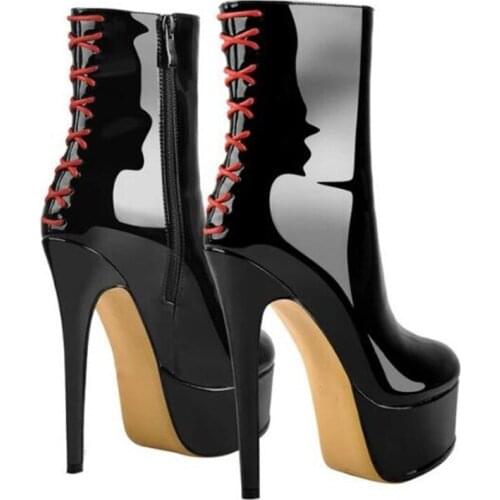 MKKHOU Fashion Short Boots Womens New Black Patent Leather Round Toe Thick-soled Boots Super High Heel Temperament Medium Boots