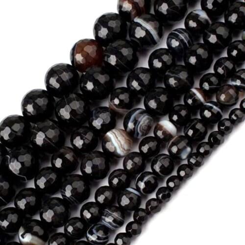 4-16mm Natural Round Faceted Black Banded Agates Stripe Onyx Beads For Jewelry Making Beads 15'' Needlework DIY Beads Trinket