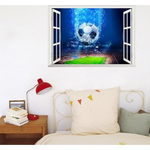 Fake Windows Wall Sticker 3D Soccer Pattern Wall Sticker Football Lover Gift Wall Mural for Home Bedroom Living Room Decoration