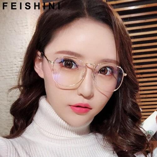 Feishini Computer Glasses Men Gold Frames Rays Radiation Protector Eyewear Metal Unisex Anti Blue Light Glasses Women Optical