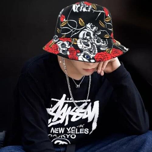 Panama Fishermant Hat Harajuku Skull And Rose Flower Print Bucket Hat For Women Men Reversible Fishing Cap