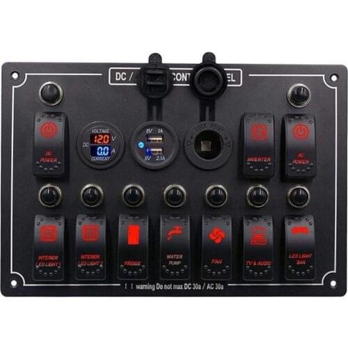 10 Gang CONTROL PANEL Car Marine Waterproof Boat Rocker Switch Panel with Fuse Dual USB LED Light 12V Power Socket Breake