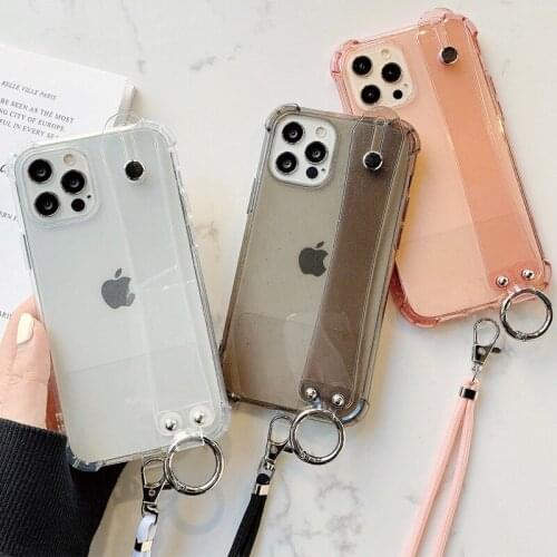 Wristband Bracket Clear Glitter Case for iPhone 12 Mini 11 Pro Max Hanging Rope Lanyard Strap Crossbody Shockproof Soft Cover
