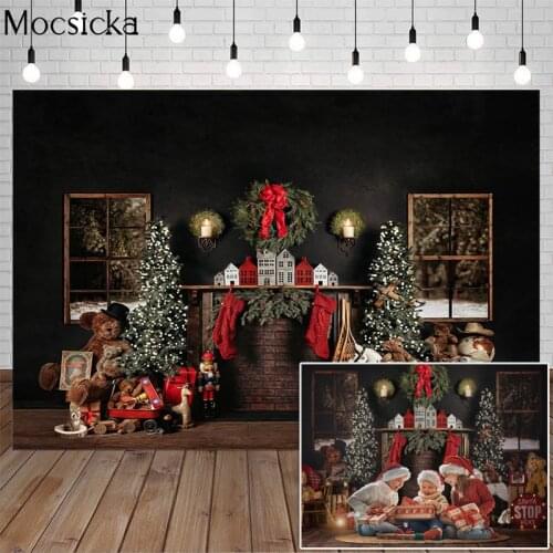 Christmas Photography Background X-mas Tree Toy Bear Gift Trojan Horse Backdrop window Decoration Props Banner For Photo Studio