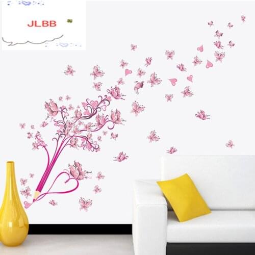 Pink Pencil Butterfly Flower Wall sticker for Bedroom living room background decoration Decals Mural Art Butterflies Stickers